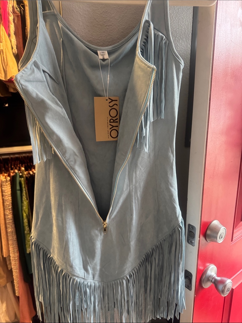Fringe Faux Suede Zip-Front Tank Dress — Light Blue - Picture 2 of 4